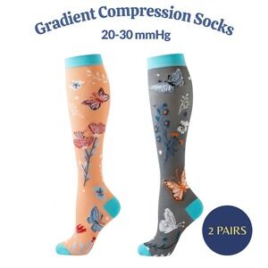 Unisex 20-30 mmHg Compression Socks L/XL Medical Butterflies Gardencore 2 Pairs